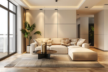 Fototapeta premium Modern beige sectional sofa, minimalist design, bright airy living room, perfect for contemporary home decor. 