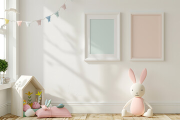 White, pink, and blue nursery decor with a cute bunny, perfect for baby shower or gender reveal. 