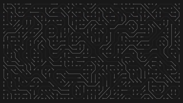 Moving lines on circuit board. Electronic circuit on black background. Seamless loop.
