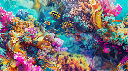 Vibrant yellow and blue coral reef with colorful fish, a tropical underwater paradise. 
