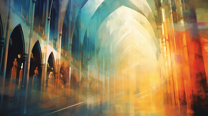 Abstract church interior with blue, yellow and orange colors, perfect for religious or spiritual themes. 