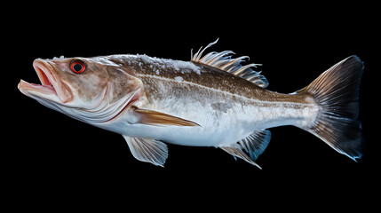 Freshly caught fish, white, brown, blue, isolated on black background,  perfect for seafood menus, restaurants, and culinary websites. 