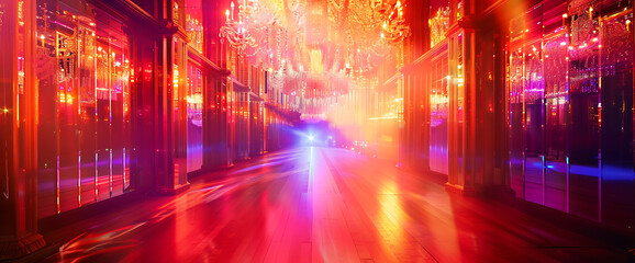 Obraz premium A red, blue, and gold hallway with mirrored walls and sparkling chandeliers, perfect for a glamorous event or celebration. 