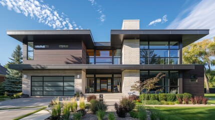 Contemporary suburban home with an exterior fa? section ade that includes kinetic architectural elements, creating visual interest and enhancing energy efficiency