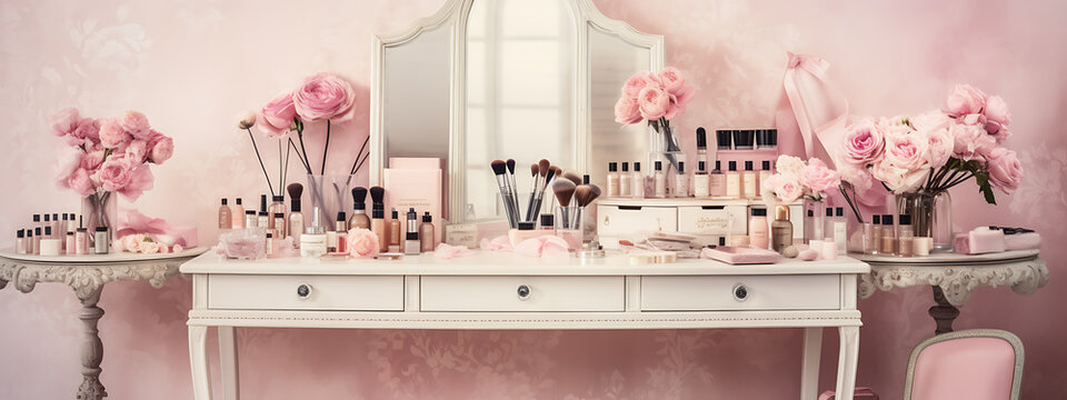 Pink roses, white vanity, and gold bottles,  a feminine and luxurious beauty concept, evoking a sense of elegance and pampering. 
