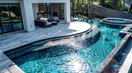 Obraz premium Contemporary suburban home with a perimeter overflow pool and integrated spa, creating a continuous water feature
