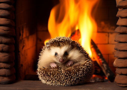 Cute brown hedgehog curled up in front of a warm fireplace, perfect for winter holiday and cozy home decor. 
