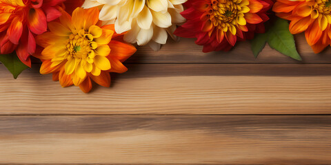 Vibrant orange and red flowers on a rustic wooden background, perfect for autumnal designs and Thanksgiving greetings. 
