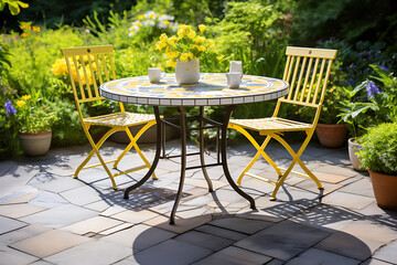 Yellow chairs and a table on a patio with flowers, perfect for a summer afternoon tea. 
