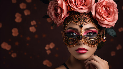 Mysterious Woman with Pink Roses and Golden Mask for Carnival Celebration 
