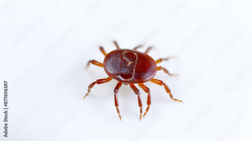 Wall mural a macro shot of a red tick crawling on a white background, highlighting the danger of lyme disease a