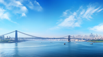 Obraz premium A majestic bridge and cityscape under a blue sky with white clouds, conveying a sense of urban tranquility and modern beauty. 