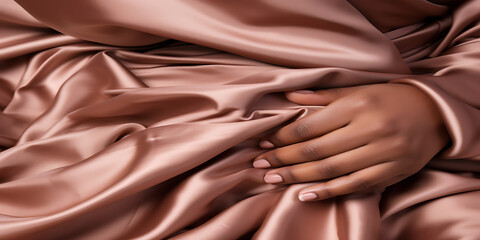 Soft, smooth, and luxurious,  rose gold satin fabric with a hand resting on it,  evoking elegance and sophistication. 