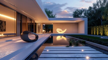 Contemporary suburban home with a minimalist entry that features a reflecting pool, a sculpture, and dramatic lighting for evening allure