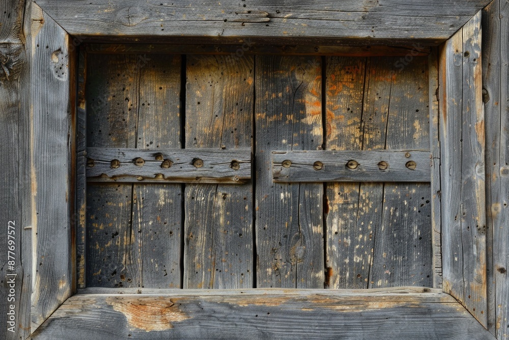 Poster a wooden window frame with a metal latch and no glass, ideal for use in interior design or architect