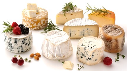 Assorted gourmet cheeses with fruits and herbs on white background.
