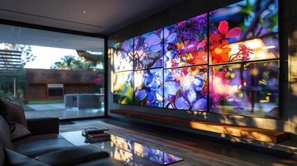 Contemporary suburban home with a feature wall that displays an interactive digital art installation