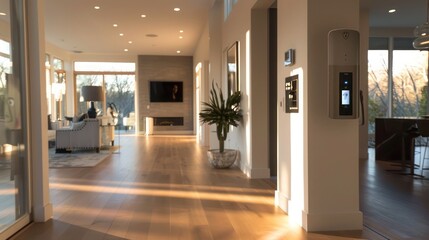 Contemporary suburban home with a high-tech security foyer that includes facial recognition and touch-free access controls