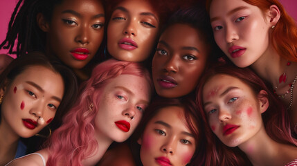 Obraz premium Group of Diverse Women With Red Lipstick and Makeup Posing Together
