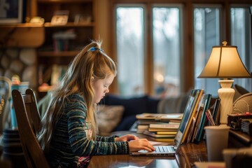 girl working on a laptop at a desk in a cozy, well-lit home setting