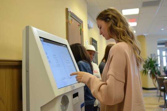 Clinic reception area with a woman using a digital check-in kiosk