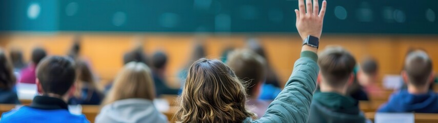 person raising their hand in front of a class