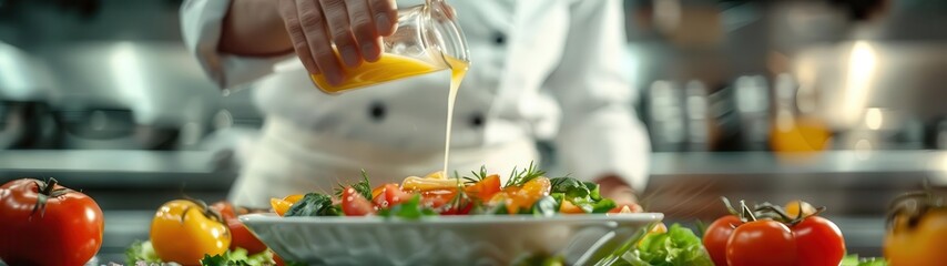 person pouring orange juice into a bowl of salad