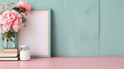 Picture frame and book with flowers in a jar on a pink table