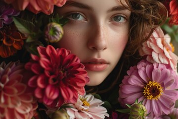 Naklejka premium A woman surrounded by various types of flowers and leaves, suitable for use in editorial or lifestyle contexts