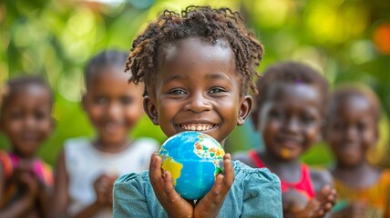 Fototapeta premium Experience a heartwarming scene as a group of African children, representing diverse backgrounds, joyfully hold a miniature planet Earth. Symbolizing unity and peace on the International Day of Peace