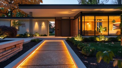 Mid-century modern suburban entryway with a custom, illuminated path that leads guests directly to the main entrance