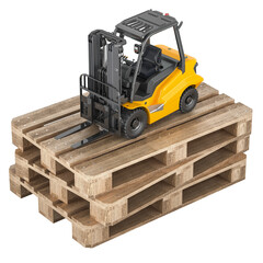 Forklift truck on the wooden pallets. 3D rendering isolated on transparent background