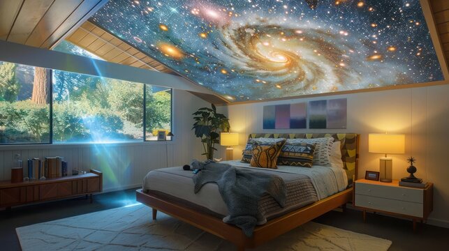 Mid-century modern suburban bedroom with ceiling-mounted projectors for immersive, ambient wall art