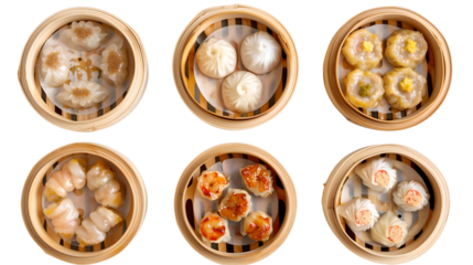 Assorted gourmet dim sum in bamboo steamers.
