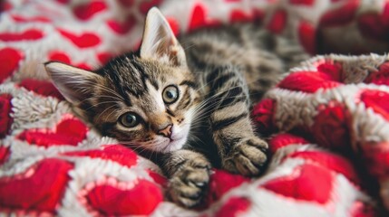 Valentine s Day kitten slipping on heart themed blanket Concept of love for domestic cats