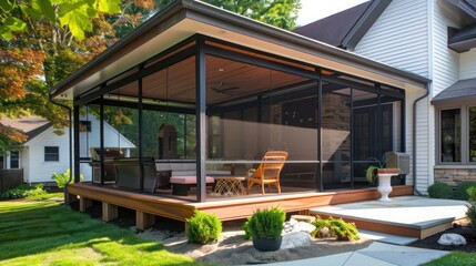 Mid-century modern suburban porch with motorized retractable screens for privacy and protection from elements