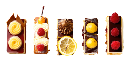 Assorted gourmet desserts with various toppings and garnishes.
