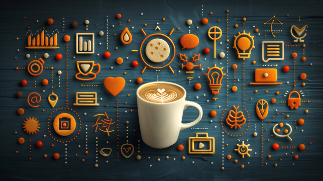 A background of coffee and business icons with an orange color scheme and orange and white color palette in the flat design style.