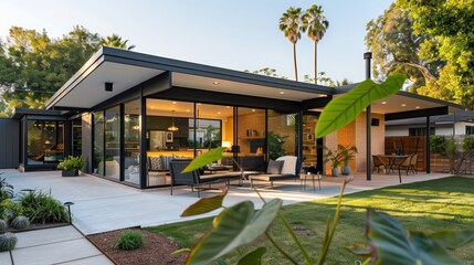 Mid-century modern suburban home with a covered outdoor lounge that integrates indoor-outdoor living
