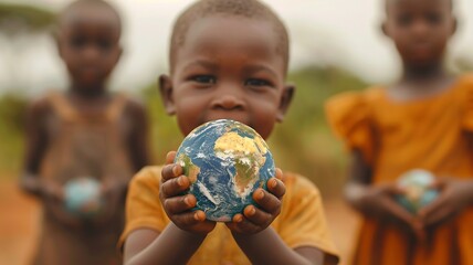 Experience a heartwarming scene as a group of African children, representing diverse backgrounds, joyfully hold a miniature planet Earth. Symbolizing unity and peace on the International Day of Peace
