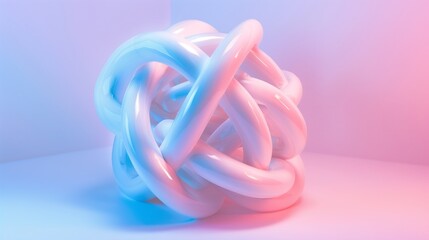 Glossy intertwined tubular sculpture with a soft gradient of blue and pink lighting in a minimalistic background