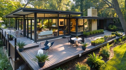 Mid-century modern suburban home with a wraparound deck that provides ample space for outdoor dining and lounging