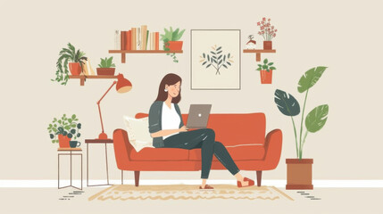 Illustration of a woman working on her laptop in a cozy home office, surrounded by plants and books, depicting a relaxed work environment.