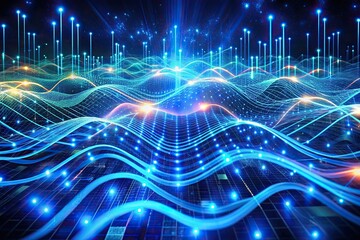 Vibrant blue circuitry waves flow through a neon-lit digital realm, transmitting data packets in a futuristic cyberspace, representing advanced generative artificial intelligence technology.