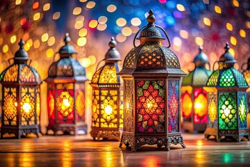 Obraz premium Vibrant colorful lanterns adorn a neutral copy space background, perfectly capturing the festive and joyful essence of Eid Al-Fitr celebrations and decorations.