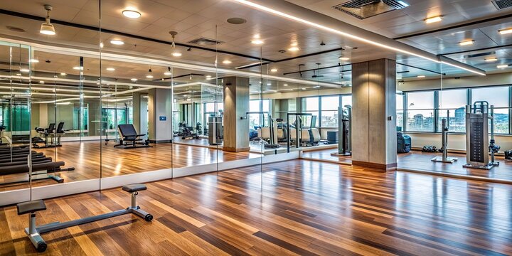 A modern fitness studio with mirrored walls, wooden floors, and empty exercise equipment awaits a lively workout session, conveying motivation and wellness. - Powered by Adobe