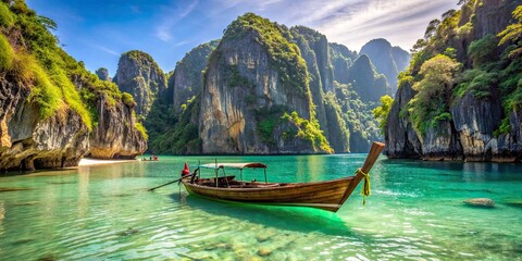 Serene turquoise waters surround a rustic wooden longtail boat docked amidst lush green limestone cliffs and powdery white sand beaches in Phi Phi Islands.