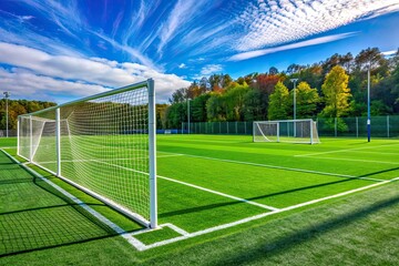 Fototapeta premium Green grassy football field stretches vast and empty, lined with white markings, goals and nets standing tall, awaiting the energy of enthusiastic athletes to come.