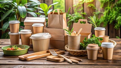 "Eco-friendly takeout setup featuring biodegradable paper packaging, wooden table, and sustainable tableware, promoting zero waste and responsible consumption habits in modern lifestyle."
