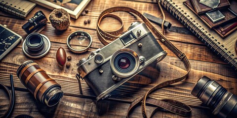 Vintage camera and film equipment scattered on a wooden table, surrounded by props and notes, creating a nostalgic atmosphere for a filmmaking tutorial setting.